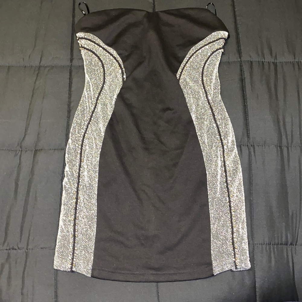 Black and silver strapless dress